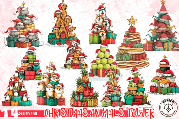 Christmas Animals Tower PNG Review: A Festive Illustration for Digital Sellers