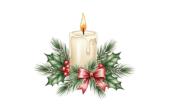Christmas Candle with Pine and Holly Illustrations: A Polished Design Asset for Seasonal Content