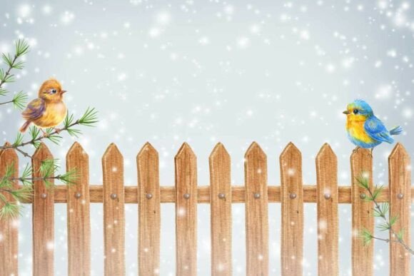 Christmas Card with Two Birds on Fence: Illustrations for Crafters