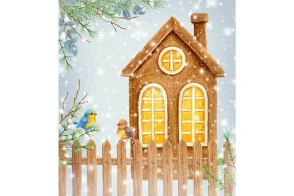 Christmas House Birds on Fense. Winter. Illustrations