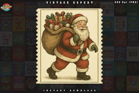 Christmas Santa Claus Postage Stamp PNG for Embroidery Projects