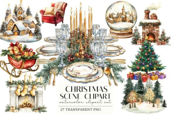 Christmas Scene Clipart: A Festive Illustration for Real Crafting Projects