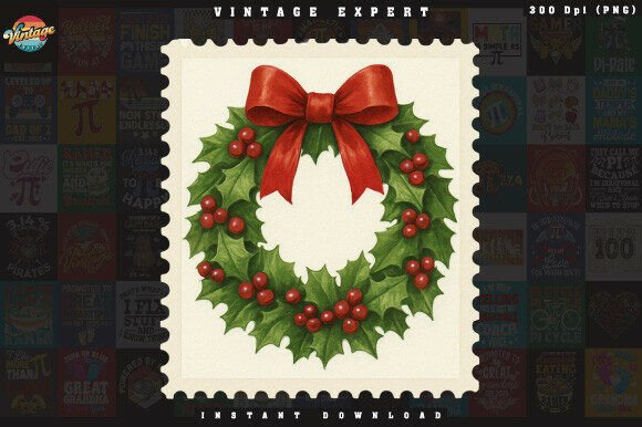Christmas Wreath Postage Stamp Clipart for Crafters & Illustrations