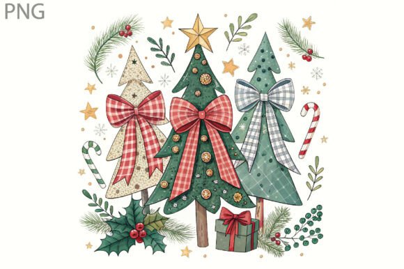 Lace Plaid Coquette Christmas Trees PNG Illustrations