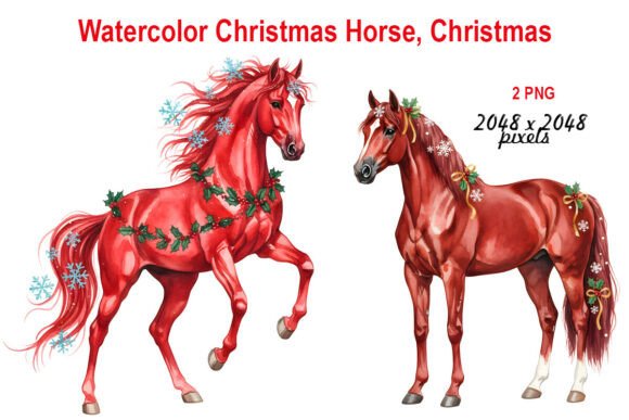 Watercolor Christmas Horse Illustrations: A Festive Design Asset for Local Business Branding