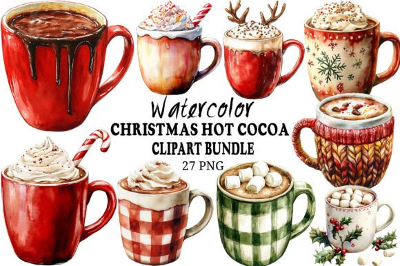 Watercolor Christmas Hot Cocoa Clipart: A Festive Illustration Asset for Digital Sellers