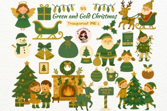 Watercolor Green and Gold Christmas Set: A Refined Illustration for Seasonal Design