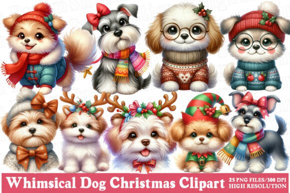 Whimsical Dog Christmas Clipart PNG for Illustrations