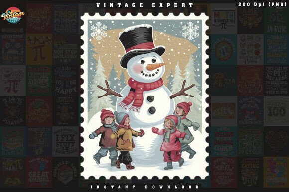 Winter Stamp Kids Snowman Christmas PNG Illustrations